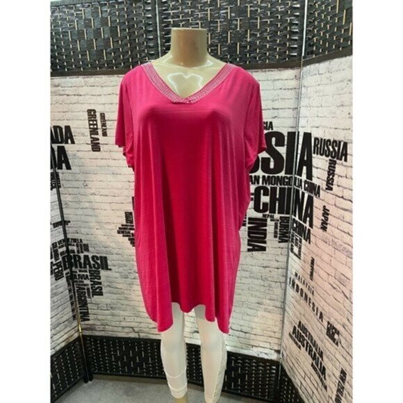 Suzie In The City Tops - Suzie in the City Plus 3X Pink Studded V-Neck Short Sleeve Top